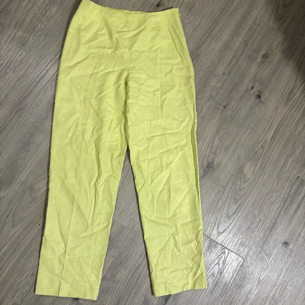 Vtg Liz Claiborne Womens 4P 100% Linen Ankle Pants Line Green Yellow Preppy